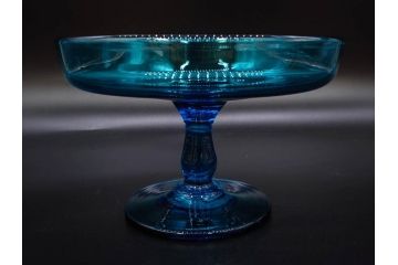 当時物　大正〜昭和初期　吹きガラス　海のような澄んだ青色に惹かれるコンポート(フルーツボウル、果物入れ、デザートディッシュ、タッツア、硝子、和ガラス)(R-082790)