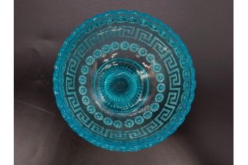 当時物　大正〜昭和初期　プレスガラス　水色　優美な装飾が目を引くキャンディポット2点セット(蓋物、小物入れ、ボンボン入れ、硝子、和ガラス)(R-082792)