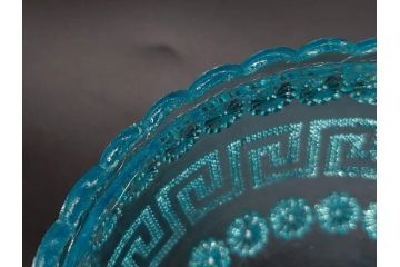 当時物　大正〜昭和初期　プレスガラス　水色　優美な装飾が目を引くキャンディポット2点セット(蓋物、小物入れ、ボンボン入れ、硝子、和ガラス)(R-082792)
