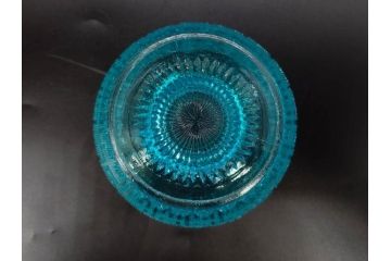 当時物　大正〜昭和初期　プレスガラス　水色　優美な装飾が目を引くキャンディポット2点セット(蓋物、小物入れ、ボンボン入れ、硝子、和ガラス)(R-082792)