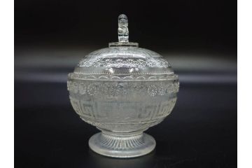 当時物　大正〜昭和初期　プレスガラス　水色　優美な装飾が目を引くキャンディポット2点セット(蓋物、小物入れ、ボンボン入れ、硝子、和ガラス)(R-082792)