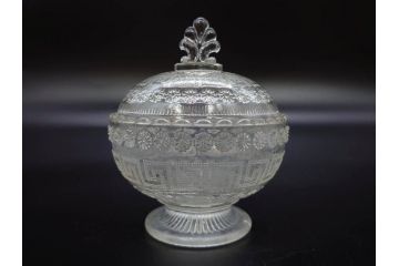 当時物　大正〜昭和初期　プレスガラス　水色　優美な装飾が目を引くキャンディポット2点セット(蓋物、小物入れ、ボンボン入れ、硝子、和ガラス)(R-082792)