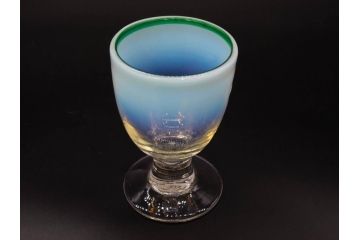 当時物　大正〜昭和初期　棗型(なつめ形)　緑縁　輪花　乳白ぼかし　柔らかく温かみを感じる氷コップ2客セット(吹きガラス、硝子、グラス、和ガラス)(R-082793)