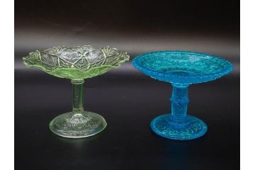 当時物　大正〜昭和初期　ウランガラス　フリル　プレスガラス　水色　お部屋を華やかに演出するコンポート2点セット(フルーツボウル、果物入れ、デザートディッシュ、タッツア、硝子、和ガラス)(R-082794)