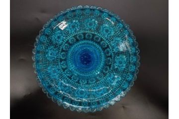 当時物　大正〜昭和初期　ウランガラス　フリル　プレスガラス　水色　お部屋を華やかに演出するコンポート2点セット(フルーツボウル、果物入れ、デザートディッシュ、タッツア、硝子、和ガラス)(R-082794)