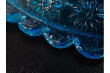 当時物　大正〜昭和初期　ウランガラス　フリル　プレスガラス　水色　お部屋を華やかに演出するコンポート2点セット(フルーツボウル、果物入れ、デザートディッシュ、タッツア、硝子、和ガラス)(R-082794)