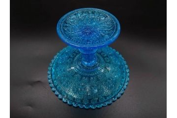 当時物　大正〜昭和初期　ウランガラス　フリル　プレスガラス　水色　お部屋を華やかに演出するコンポート2点セット(フルーツボウル、果物入れ、デザートディッシュ、タッツア、硝子、和ガラス)(R-082794)