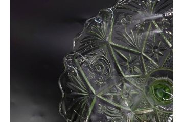 当時物　大正〜昭和初期　ウランガラス　フリル　プレスガラス　水色　お部屋を華やかに演出するコンポート2点セット(フルーツボウル、果物入れ、デザートディッシュ、タッツア、硝子、和ガラス)(R-082794)