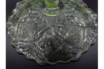当時物　大正〜昭和初期　ウランガラス　フリル　プレスガラス　水色　お部屋を華やかに演出するコンポート2点セット(フルーツボウル、果物入れ、デザートディッシュ、タッツア、硝子、和ガラス)(R-082794)