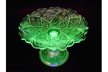 当時物　大正〜昭和初期　ウランガラス　フリル　プレスガラス　水色　お部屋を華やかに演出するコンポート2点セット(フルーツボウル、果物入れ、デザートディッシュ、タッツア、硝子、和ガラス)(R-082794)