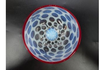 当時物　大正〜昭和初期　椀型　乳白ぼかし　乳白水玉　輪花　赤縁　柔らかい雰囲気を醸し出す氷コップ2点セット(吹きガラス、硝子、グラス、和ガラス)(R-082795)