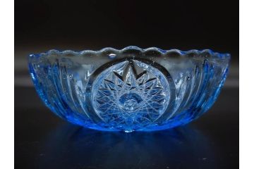 当時物　大正〜昭和初期　プレスガラス　鮮やかな色合いに細やかな装飾が映えるボウル4点セット(深皿、深鉢、ガラス鉢、硝子、和ガラス)(R-082798)