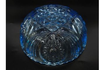 当時物　大正〜昭和初期　プレスガラス　鮮やかな色合いに細やかな装飾が映えるボウル4点セット(深皿、深鉢、ガラス鉢、硝子、和ガラス)(R-082798)