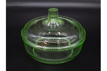 当時物　昭和初期　ウランガラス　プレスガラス　蓋物　お部屋を上品に演出するキャンディポット4点セット(ボンボニエール、硝子、菓子瓶、小物入れ)(R-082800)