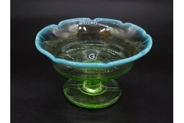 大正〜昭和初期　当時物　プレスガラス　青縁　輪花　アイスクリームコップ　涼しげな佇まいの氷コップ3点セット(水色、グラス、硝子、和ガラス)(R-082803)