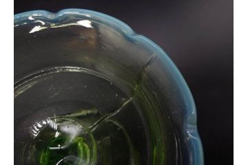 大正〜昭和初期　当時物　プレスガラス　青縁　輪花　アイスクリームコップ　涼しげな佇まいの氷コップ3点セット(水色、グラス、硝子、和ガラス)(R-082803)