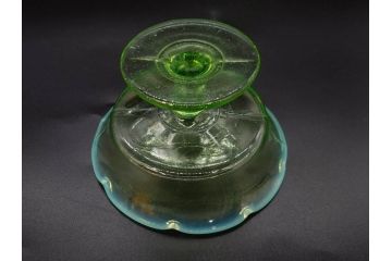 大正〜昭和初期　当時物　プレスガラス　青縁　輪花　アイスクリームコップ　涼しげな佇まいの氷コップ3点セット(水色、グラス、硝子、和ガラス)(R-082803)