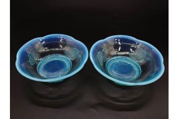大正〜昭和初期　当時物　プレスガラス　青縁　輪花　アイスクリームコップ　涼しげな佇まいの氷コップ3点セット(水色、グラス、硝子、和ガラス)(R-082803)