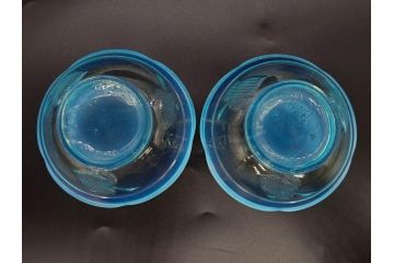 大正〜昭和初期　当時物　プレスガラス　青縁　輪花　アイスクリームコップ　涼しげな佇まいの氷コップ3点セット(水色、グラス、硝子、和ガラス)(R-082803)