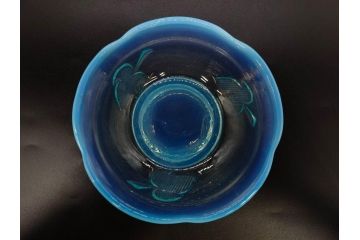 大正〜昭和初期　当時物　プレスガラス　青縁　輪花　アイスクリームコップ　涼しげな佇まいの氷コップ3点セット(水色、グラス、硝子、和ガラス)(R-082803)