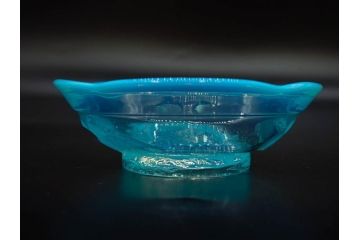 大正〜昭和初期　当時物　プレスガラス　青縁　輪花　アイスクリームコップ　涼しげな佇まいの氷コップ3点セット(水色、グラス、硝子、和ガラス)(R-082803)