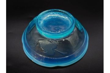 大正〜昭和初期　当時物　プレスガラス　青縁　輪花　アイスクリームコップ　涼しげな佇まいの氷コップ3点セット(水色、グラス、硝子、和ガラス)(R-082803)