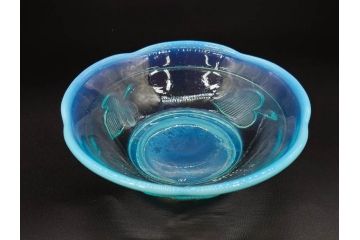 大正〜昭和初期　当時物　プレスガラス　青縁　輪花　アイスクリームコップ　涼しげな佇まいの氷コップ3点セット(水色、グラス、硝子、和ガラス)(R-082803)