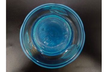 大正〜昭和初期　当時物　プレスガラス　青縁　輪花　アイスクリームコップ　涼しげな佇まいの氷コップ3点セット(水色、グラス、硝子、和ガラス)(R-082803)