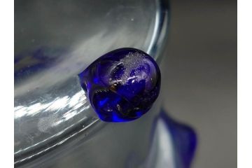 大正〜昭和初期　当時物　フリル　青縁　吹きガラス　縁のデザインが可愛らしい金魚鉢(硝子、和ガラス、脚付き)(R-082804)