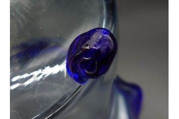 大正〜昭和初期　当時物　フリル　青縁　吹きガラス　縁のデザインが可愛らしい金魚鉢(硝子、和ガラス、脚付き)(R-082804)