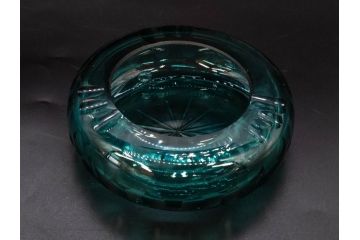 昭和初期　切子　プレスガラス　お部屋に清涼感をもたらすボウル2点&灰皿セット(青、硝子、ガラス鉢、深皿、アシュトレイ、器、和ガラス)(R-082808)