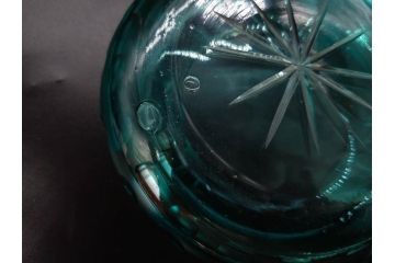 昭和初期　切子　プレスガラス　お部屋に清涼感をもたらすボウル2点&灰皿セット(青、硝子、ガラス鉢、深皿、アシュトレイ、器、和ガラス)(R-082808)