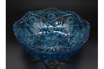 昭和初期　切子　プレスガラス　お部屋に清涼感をもたらすボウル2点&灰皿セット(青、硝子、ガラス鉢、深皿、アシュトレイ、器、和ガラス)(R-082808)