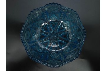 昭和初期　切子　プレスガラス　お部屋に清涼感をもたらすボウル2点&灰皿セット(青、硝子、ガラス鉢、深皿、アシュトレイ、器、和ガラス)(R-082808)