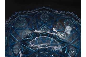 昭和初期　切子　プレスガラス　お部屋に清涼感をもたらすボウル2点&灰皿セット(青、硝子、ガラス鉢、深皿、アシュトレイ、器、和ガラス)(R-082808)