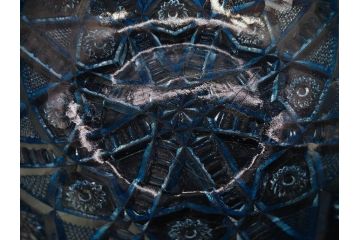 昭和初期　切子　プレスガラス　お部屋に清涼感をもたらすボウル2点&灰皿セット(青、硝子、ガラス鉢、深皿、アシュトレイ、器、和ガラス)(R-082808)