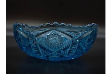 昭和初期　切子　プレスガラス　お部屋に清涼感をもたらすボウル2点&灰皿セット(青、硝子、ガラス鉢、深皿、アシュトレイ、器、和ガラス)(R-082808)