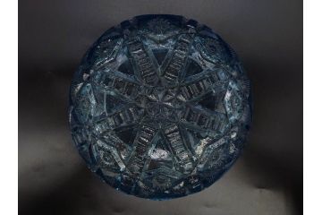 昭和初期　切子　プレスガラス　お部屋に清涼感をもたらすボウル2点&灰皿セット(青、硝子、ガラス鉢、深皿、アシュトレイ、器、和ガラス)(R-082808)