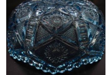 昭和初期　切子　プレスガラス　お部屋に清涼感をもたらすボウル2点&灰皿セット(青、硝子、ガラス鉢、深皿、アシュトレイ、器、和ガラス)(R-082808)