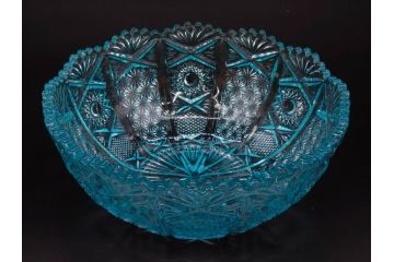 昭和初期　切子　プレスガラス　お部屋に清涼感をもたらすボウル2点&灰皿セット(青、硝子、ガラス鉢、深皿、アシュトレイ、器、和ガラス)(R-082808)