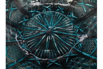 昭和初期　切子　プレスガラス　お部屋に清涼感をもたらすボウル2点&灰皿セット(青、硝子、ガラス鉢、深皿、アシュトレイ、器、和ガラス)(R-082808)