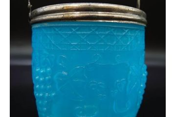 葡萄文様　ガラス　エンボス　鮮やかな色が目を引くアイスペール(ぶどう、ブドウ、あめや瓶、硝子、氷入れ、アイスバスケット、氷おけ、氷桶、アイストング付)(R-082810)