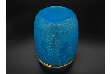 葡萄文様　ガラス　エンボス　鮮やかな色が目を引くアイスペール(ぶどう、ブドウ、あめや瓶、硝子、氷入れ、アイスバスケット、氷おけ、氷桶、アイストング付)(R-082810)