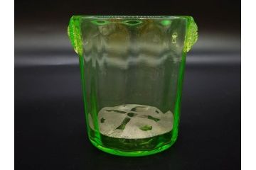昭和初期　ウランガラス　表面の装飾が美しく際立つアイスペール(硝子、氷入れ、アイスバスケット、氷おけ、氷桶)(R-082812)