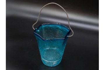氷裂文　青色　ガラス　涼やかな佇まいのアイスペール(ひび焼き?、硝子、氷入れ、アイスバスケット、氷おけ、氷桶)(R-082813)