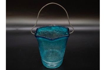 氷裂文　青色　ガラス　涼やかな佇まいのアイスペール(ひび焼き?、硝子、氷入れ、アイスバスケット、氷おけ、氷桶)(R-082813)