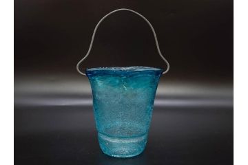 氷裂文　青色　ガラス　涼やかな佇まいのアイスペール(ひび焼き?、硝子、氷入れ、アイスバスケット、氷おけ、氷桶)(R-082813)
