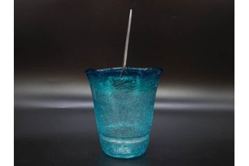 氷裂文　青色　ガラス　涼やかな佇まいのアイスペール(ひび焼き?、硝子、氷入れ、アイスバスケット、氷おけ、氷桶)(R-082813)