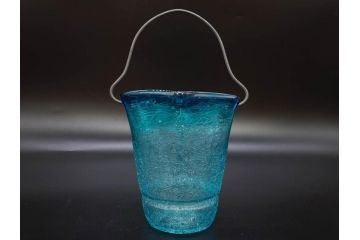 氷裂文　青色　ガラス　涼やかな佇まいのアイスペール(ひび焼き?、硝子、氷入れ、アイスバスケット、氷おけ、氷桶)(R-082813)