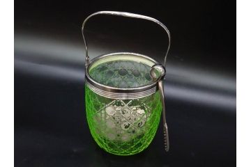 ウランガラス　籠目文　幻想的な色が美しいアイスペール(硝子、氷入れ、アイスバスケット、氷おけ、氷桶、アイストング付)(R-082814)